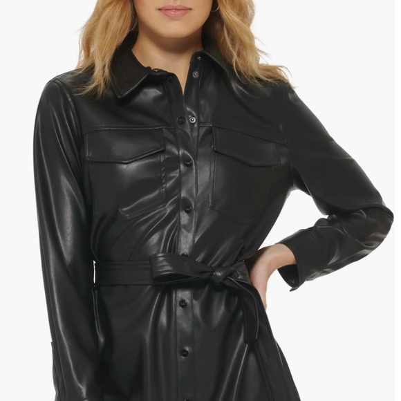 NWT_DKNY Long Sleeve Faux Leather Shirtdress  Snap-Closure Belted Medium - Picture 8 of 16